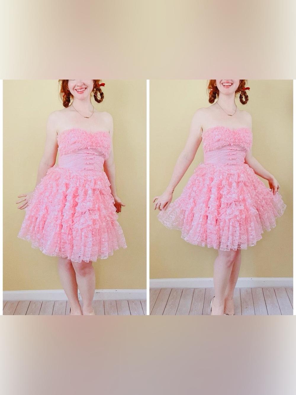 Y2K Vintage Betsey Johnson Pink Lace Strapless Ruffled Strapless Coquette Dress